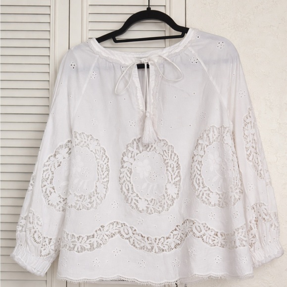 Sundance White Cotton Eyelet Lace Boho princess Blouse Tassel Tie Peasant  PS - Picture 3 of 13